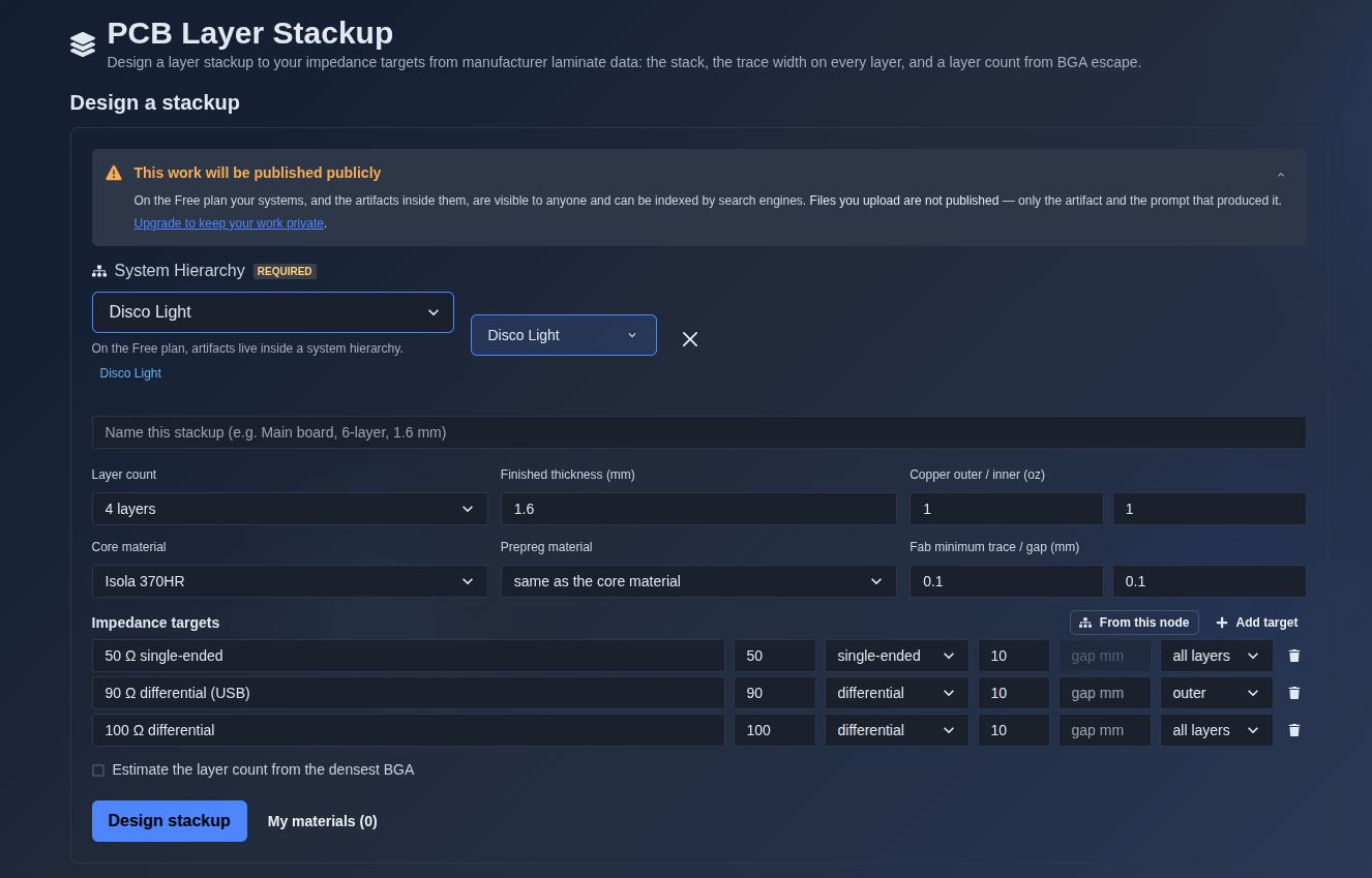 Select a system node and name the stackup