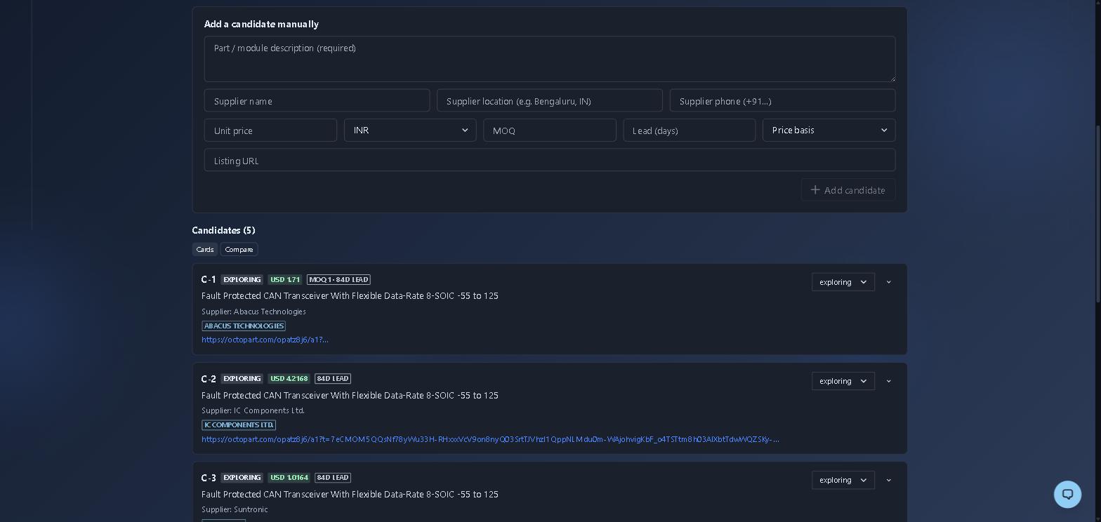 The same workspace after one catalog lookup: five candidates for the same part from different suppliers, each showing unit price, MOQ, lead time, a status of "exploring", and a link back to the source listing