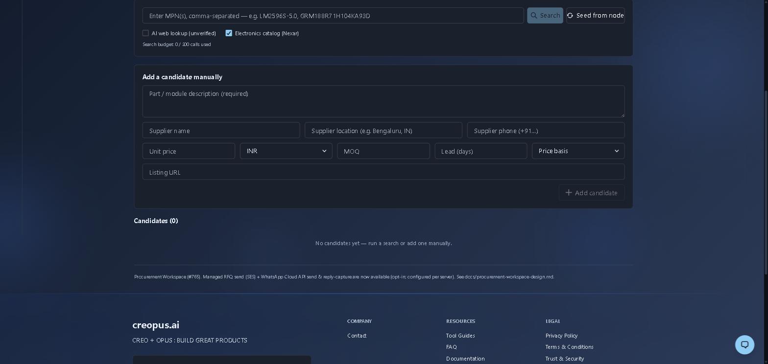 A new procurement workspace: MPN search with separate toggles for AI web lookup and the Nexar electronics catalog, a running search-budget counter, and a manual-candidate form capturing supplier name, location, phone, unit price with currency, MOQ, lead days and price basis