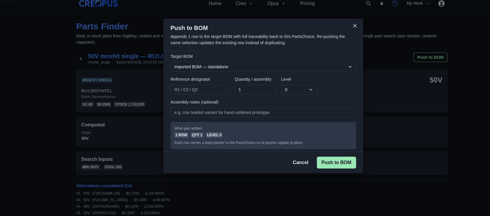 Push the selected part to the BOM