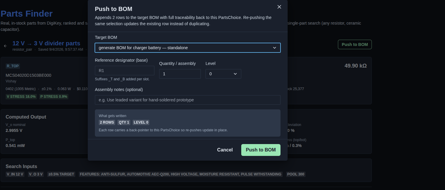 Push the selected PartsChoice to the BOM