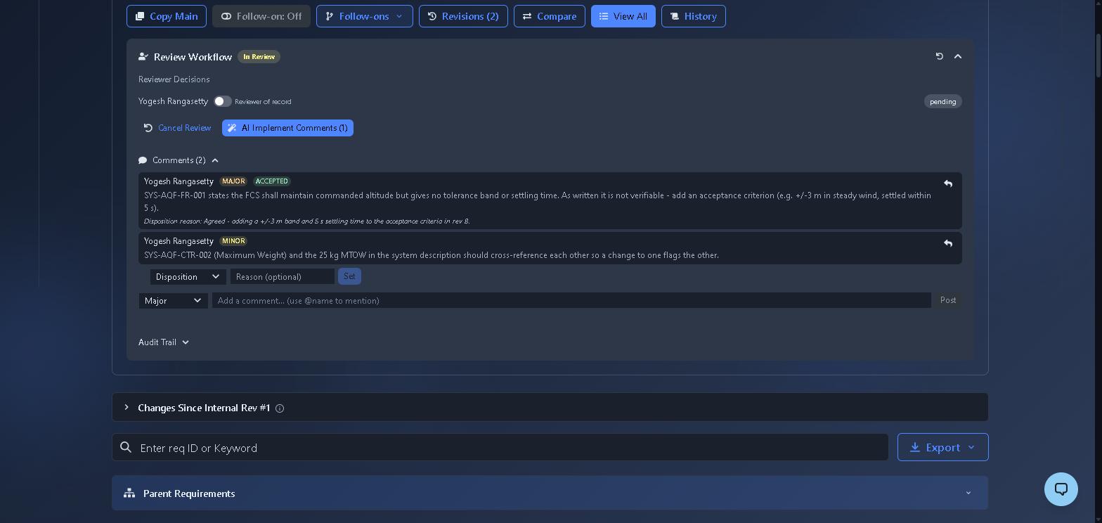 Owner's view after dispositioning: the major comment now carries an ACCEPTED badge and the disposition reason, the blocking banner is gone, and an "AI Implement Comments (1)" button has appeared