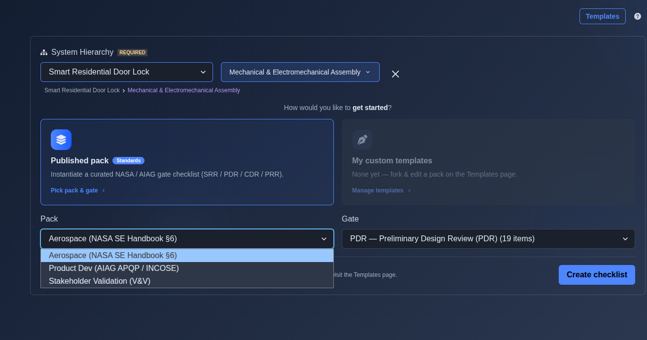 Select system, node, pack, and gate