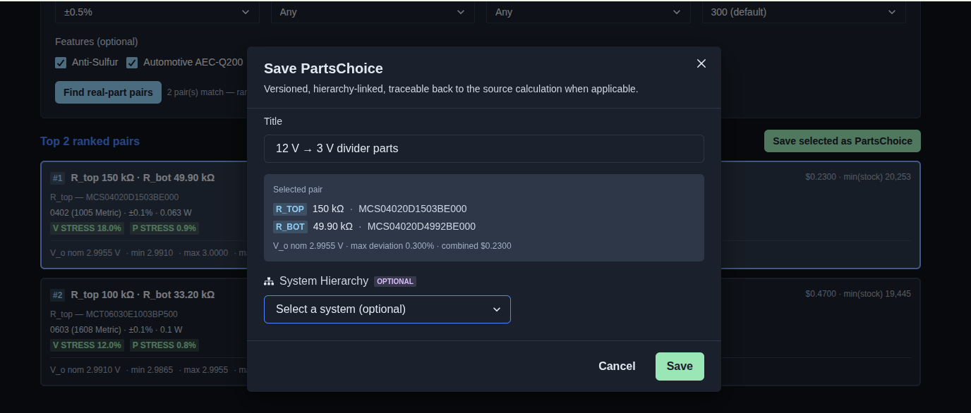 Select the resistor pair and save it