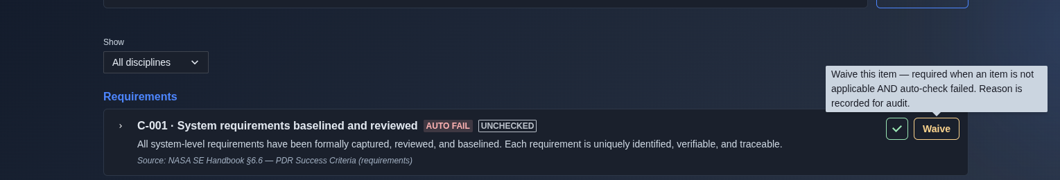 Waive a checklist item